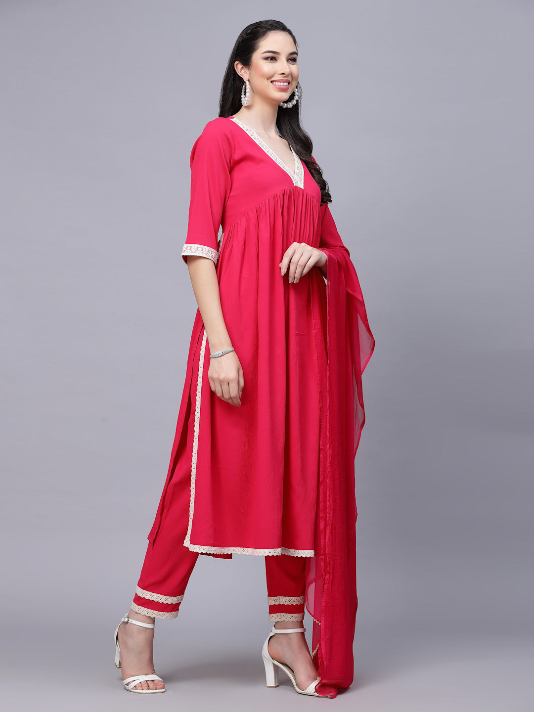 Solid Rayon Naira Cut Kurta Pant Dupatta Set