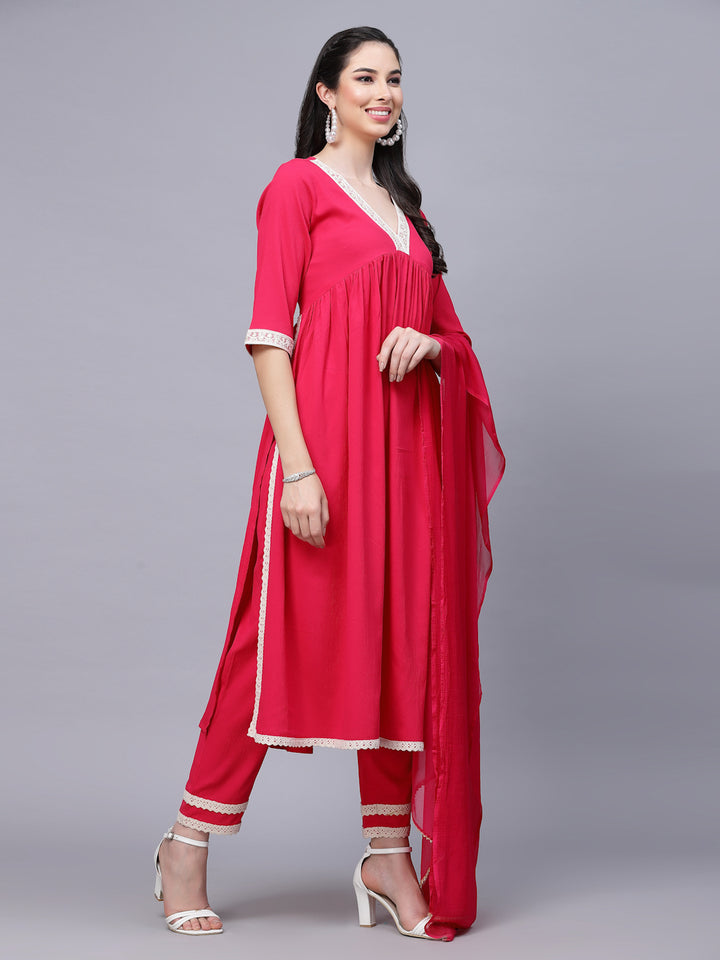 Solid Rayon Naira Cut Kurta Pant Dupatta Set