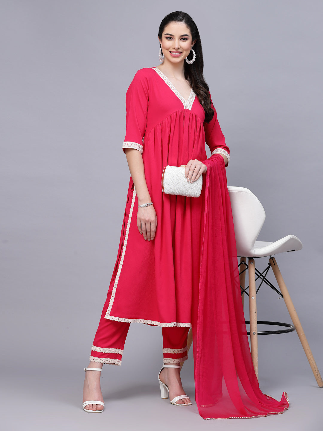 Solid Rayon Naira Cut Kurta Pant Dupatta Set (Pre-Order)