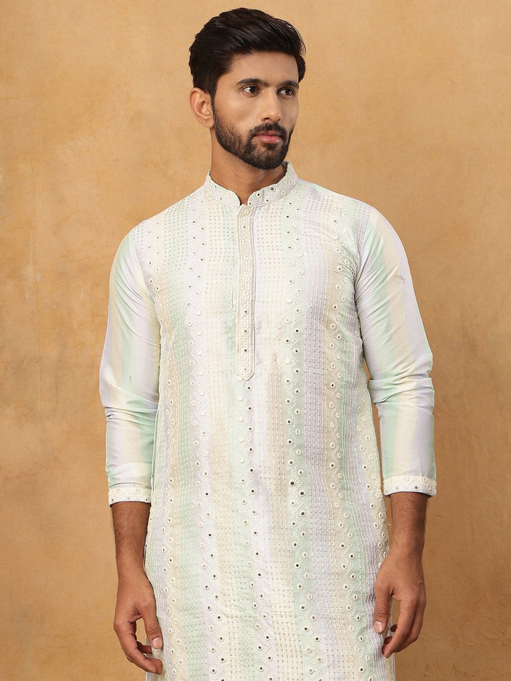 Embroidered And Mirror Work Straight Kurta Set For Men,