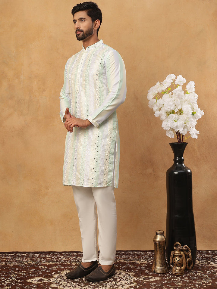 Embroidered And Mirror Work Straight Kurta Set For Men,