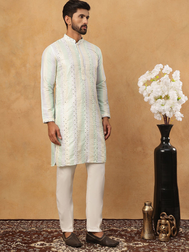 Embroidered And Mirror Work Straight Kurta Set For Men,