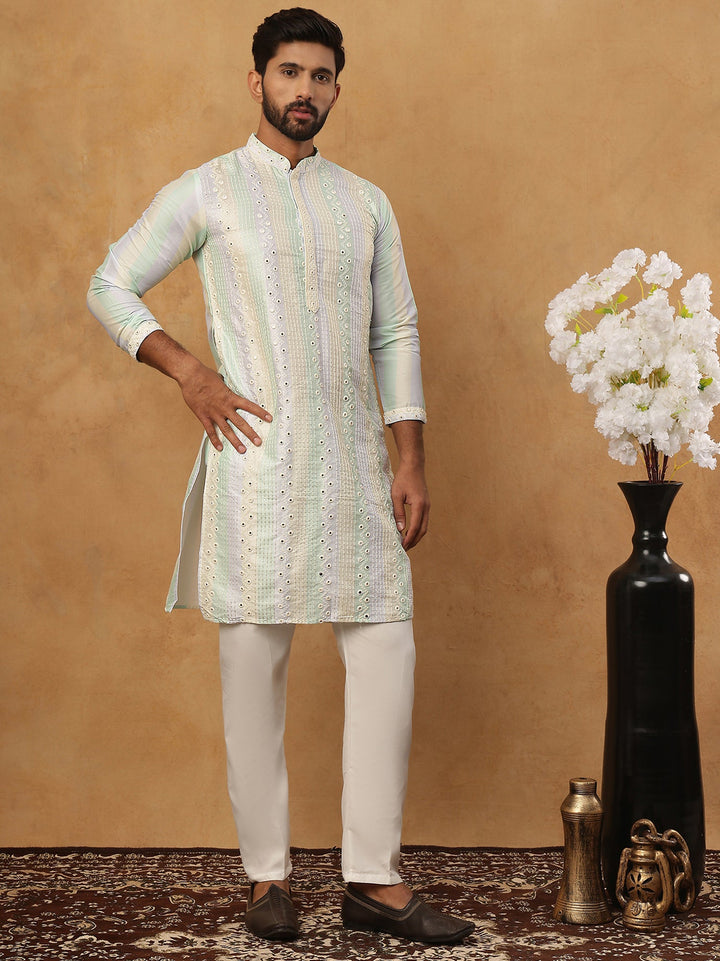 Embroidered And Mirror Work Straight Kurta Set For Men,
