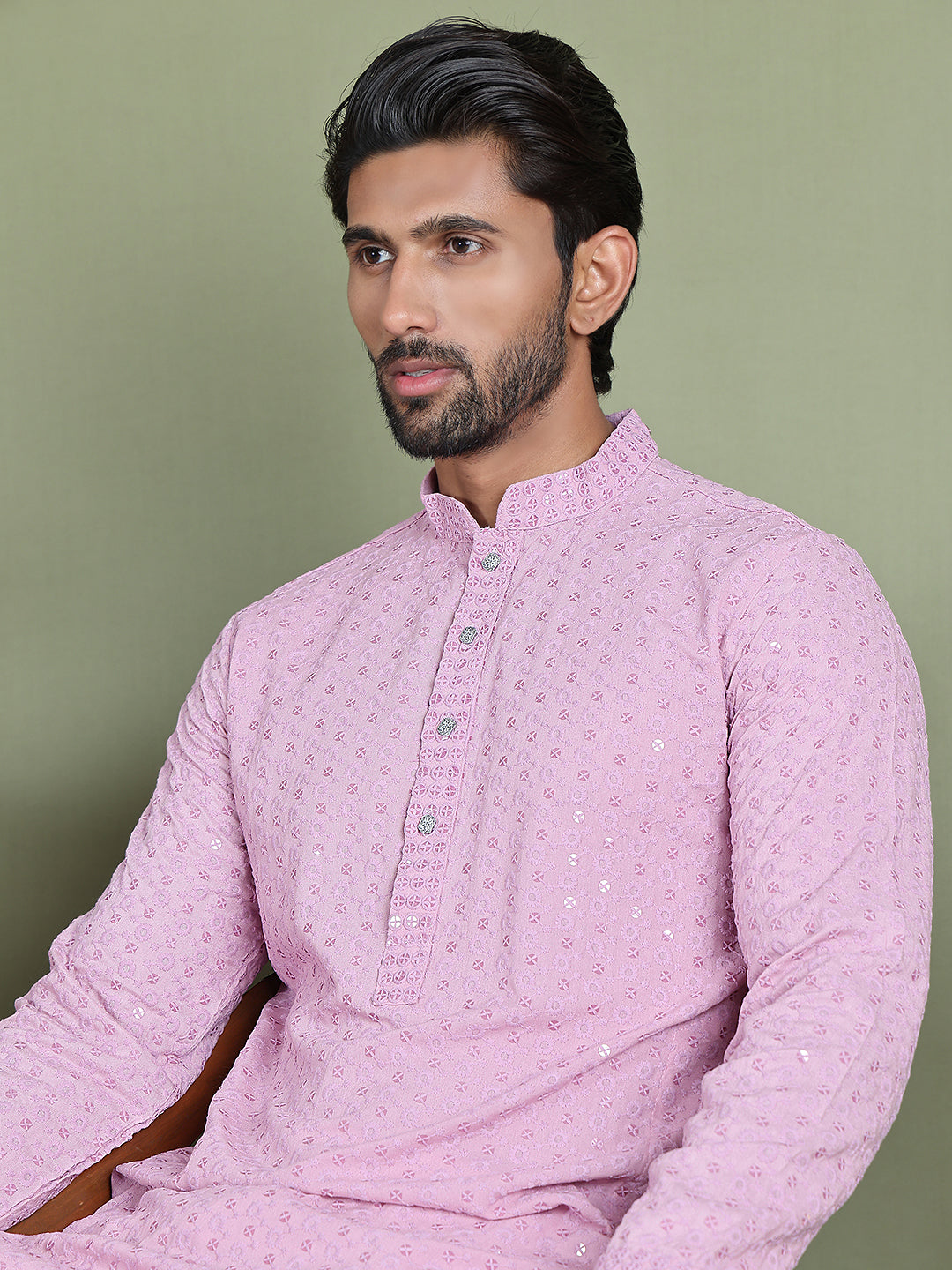 Embroidered &amp; Sequins Cotton Kurta Pyjama