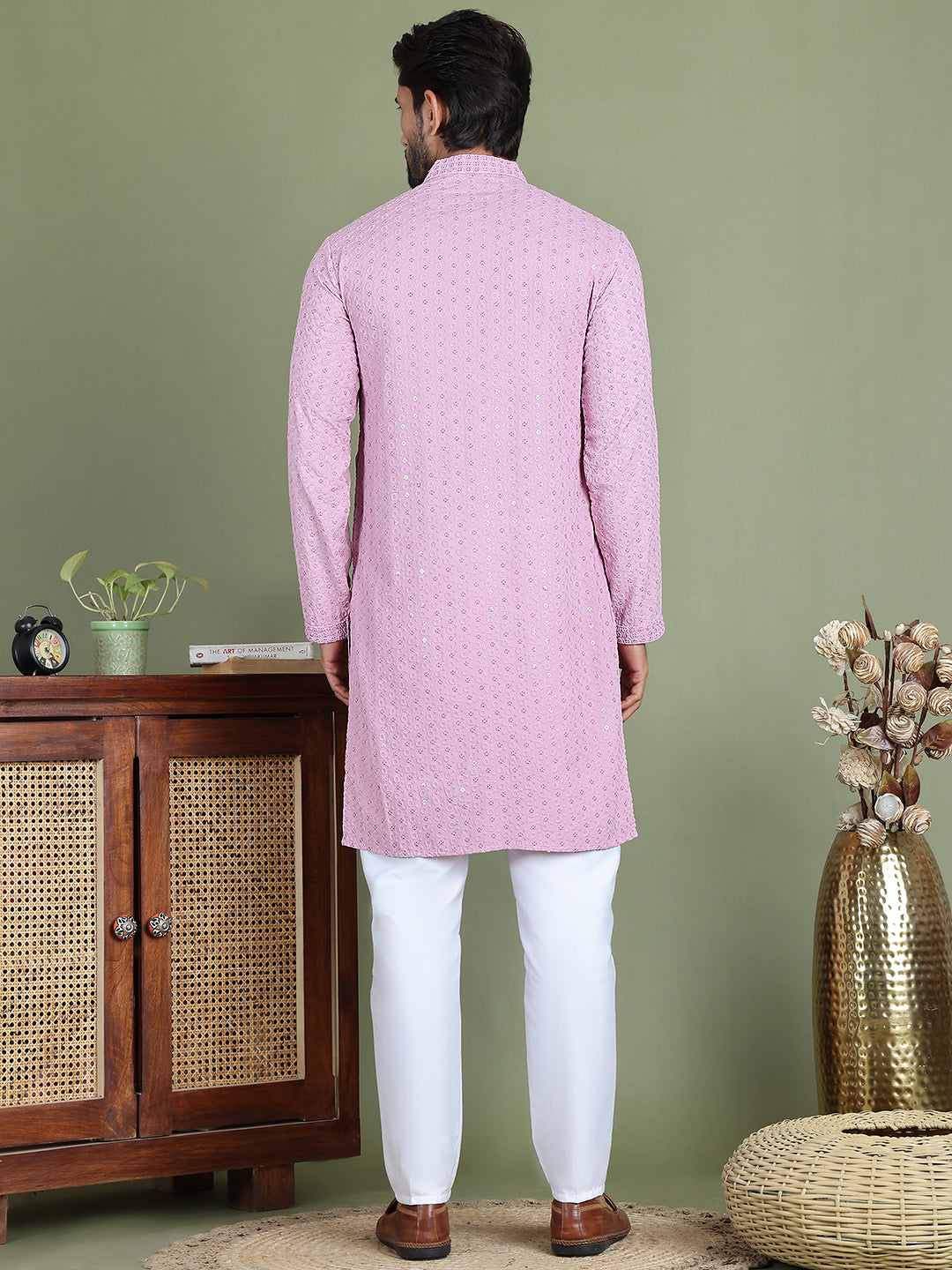 Embroidered &amp; Sequins Cotton Kurta Pyjama