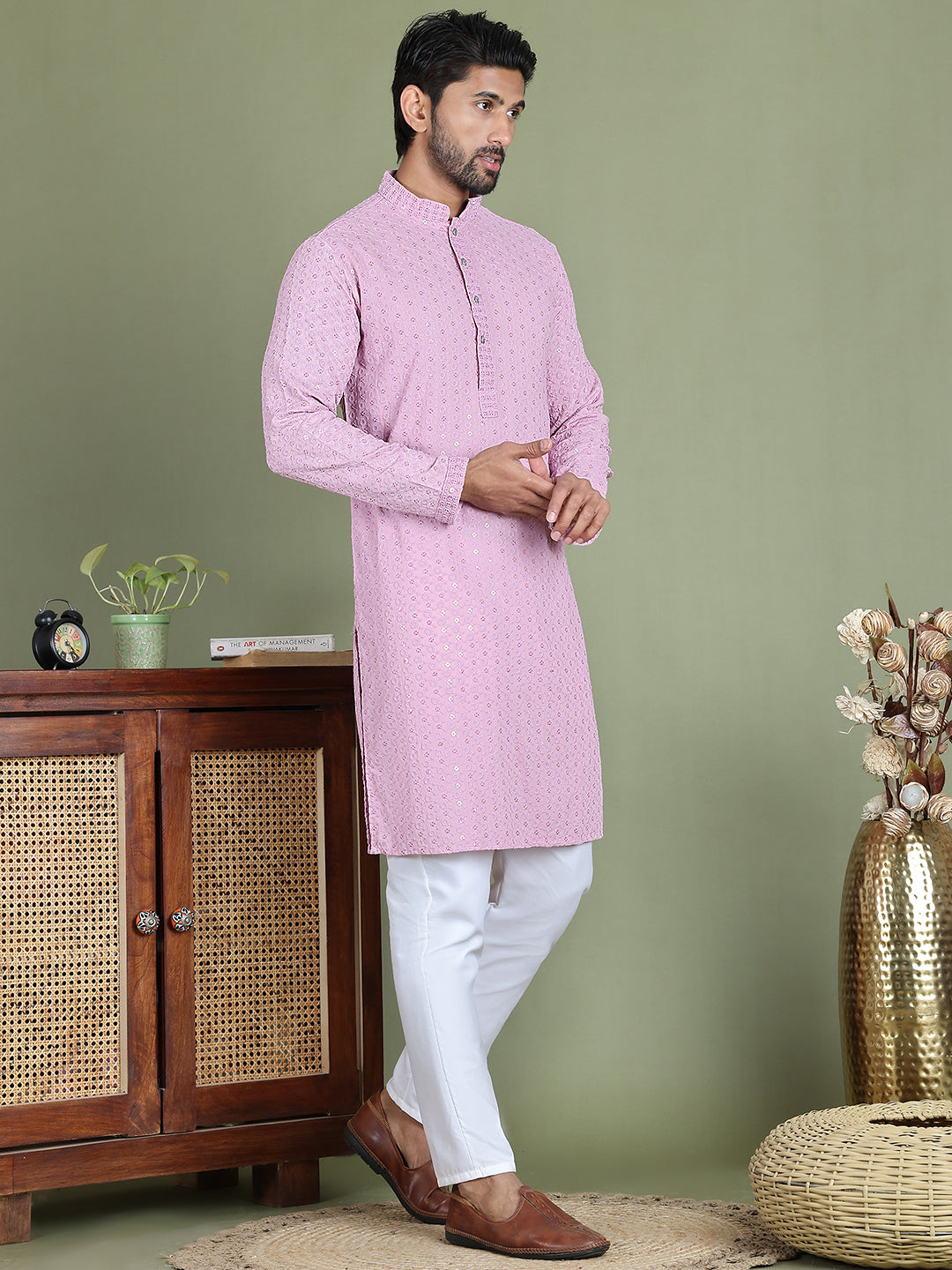 Embroidered &amp; Sequins Cotton Kurta Pyjama