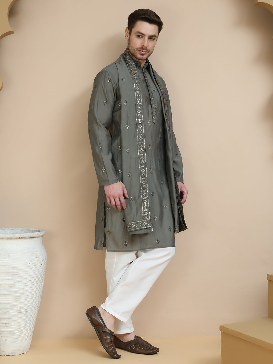 Embroidered &amp; Sequin Kurta Pyjama With Dupatta
