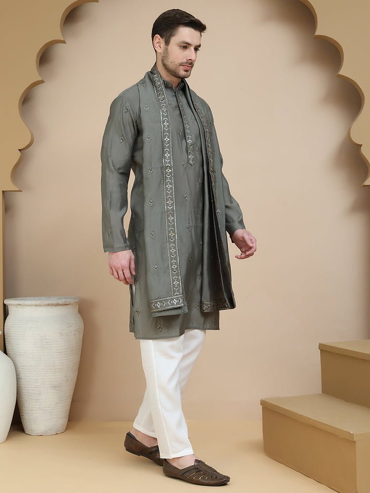 Embroidered &amp; Sequin Kurta Pyjama With Dupatta