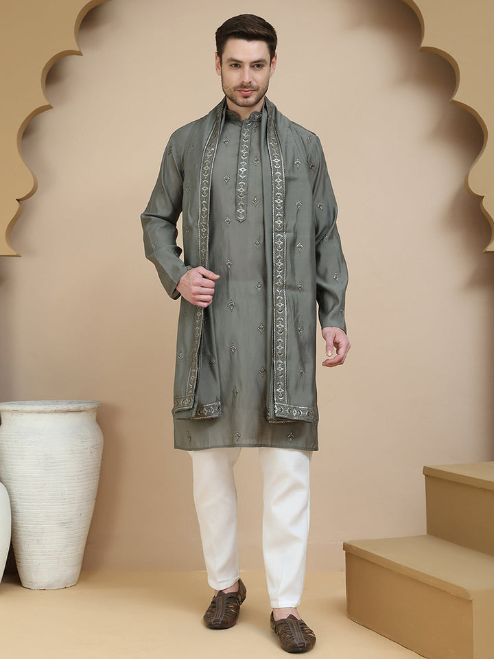 Embroidered &amp; Sequin Kurta Pyjama With Dupatta