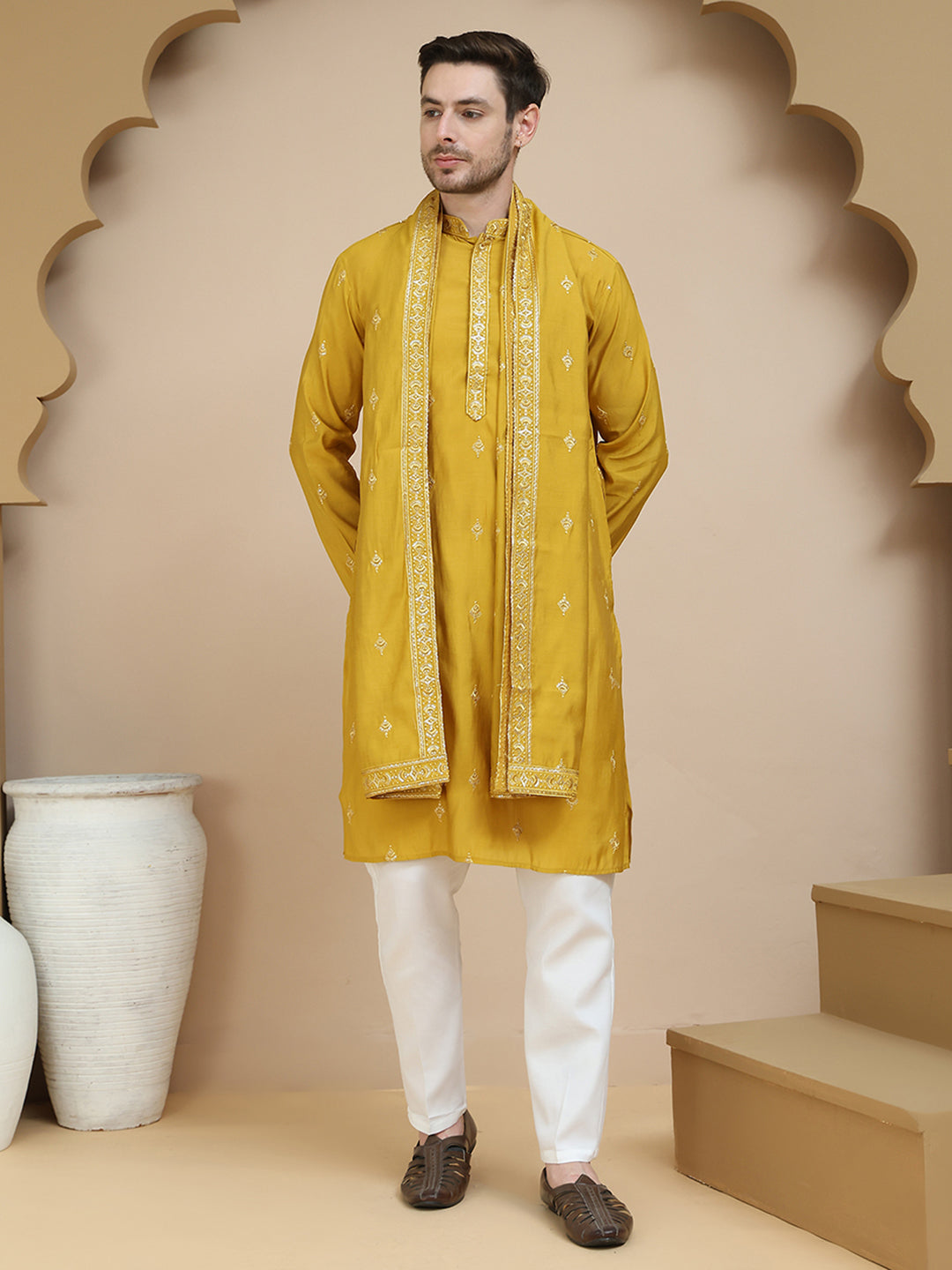 Embroidered &amp; Sequin Kurta Pyjama With Dupatta