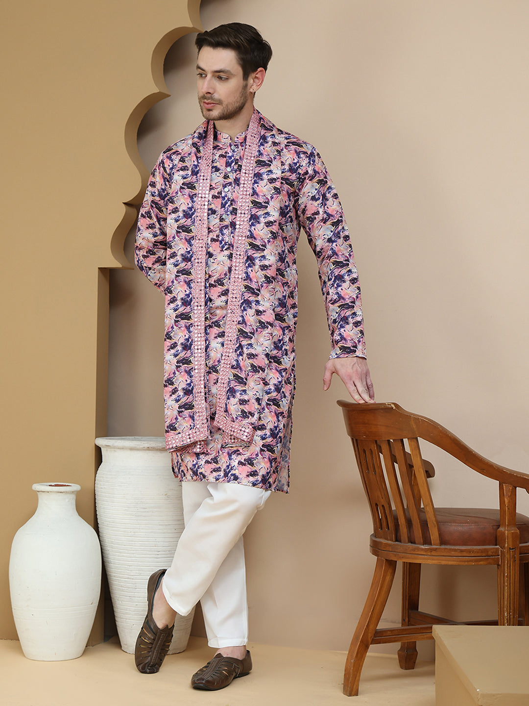 Abstract Printed Kurta Pyjama With Matching Dupatta
