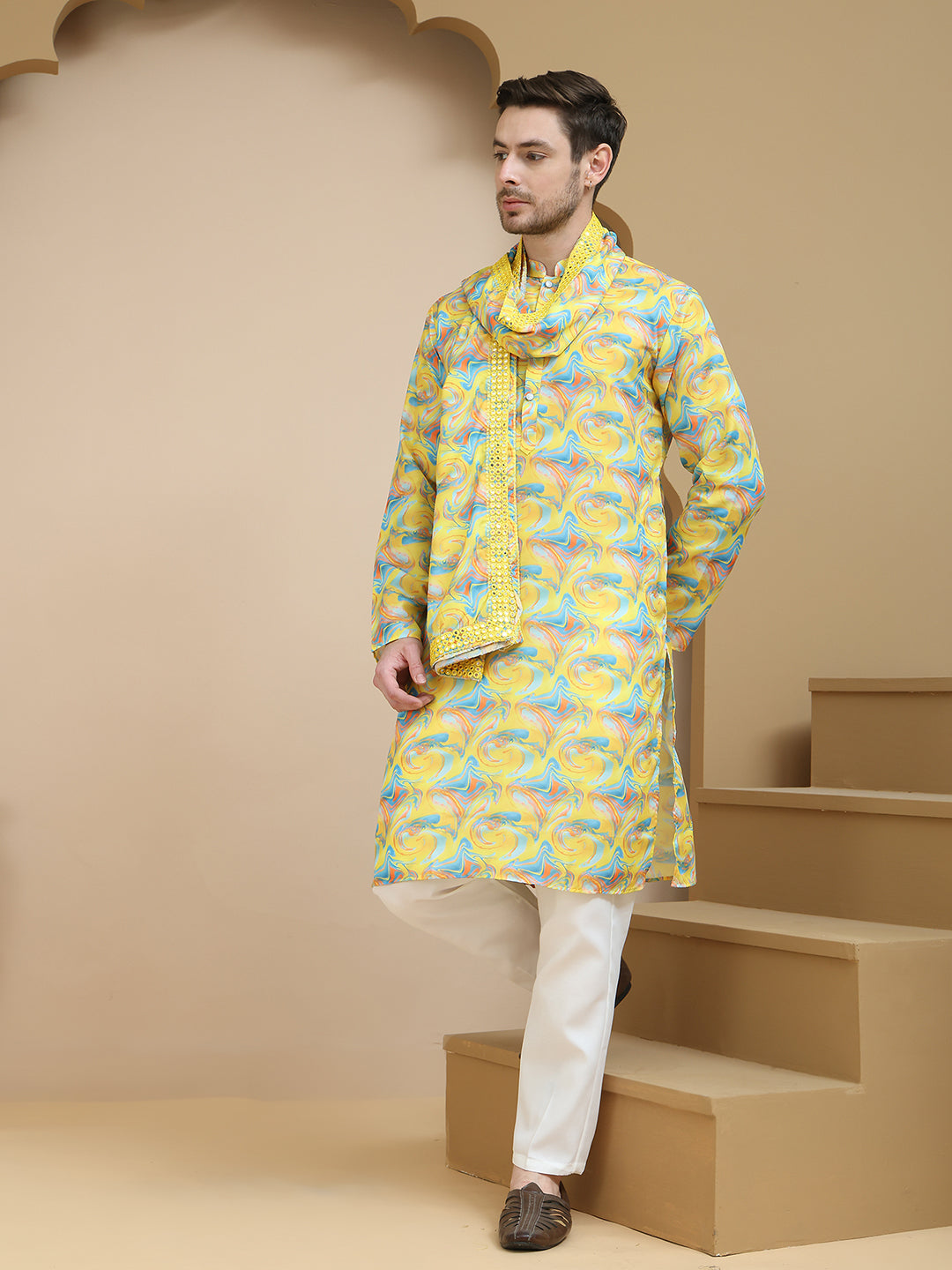 Abstract Printed Kurta Pyjama With Matching Dupatta