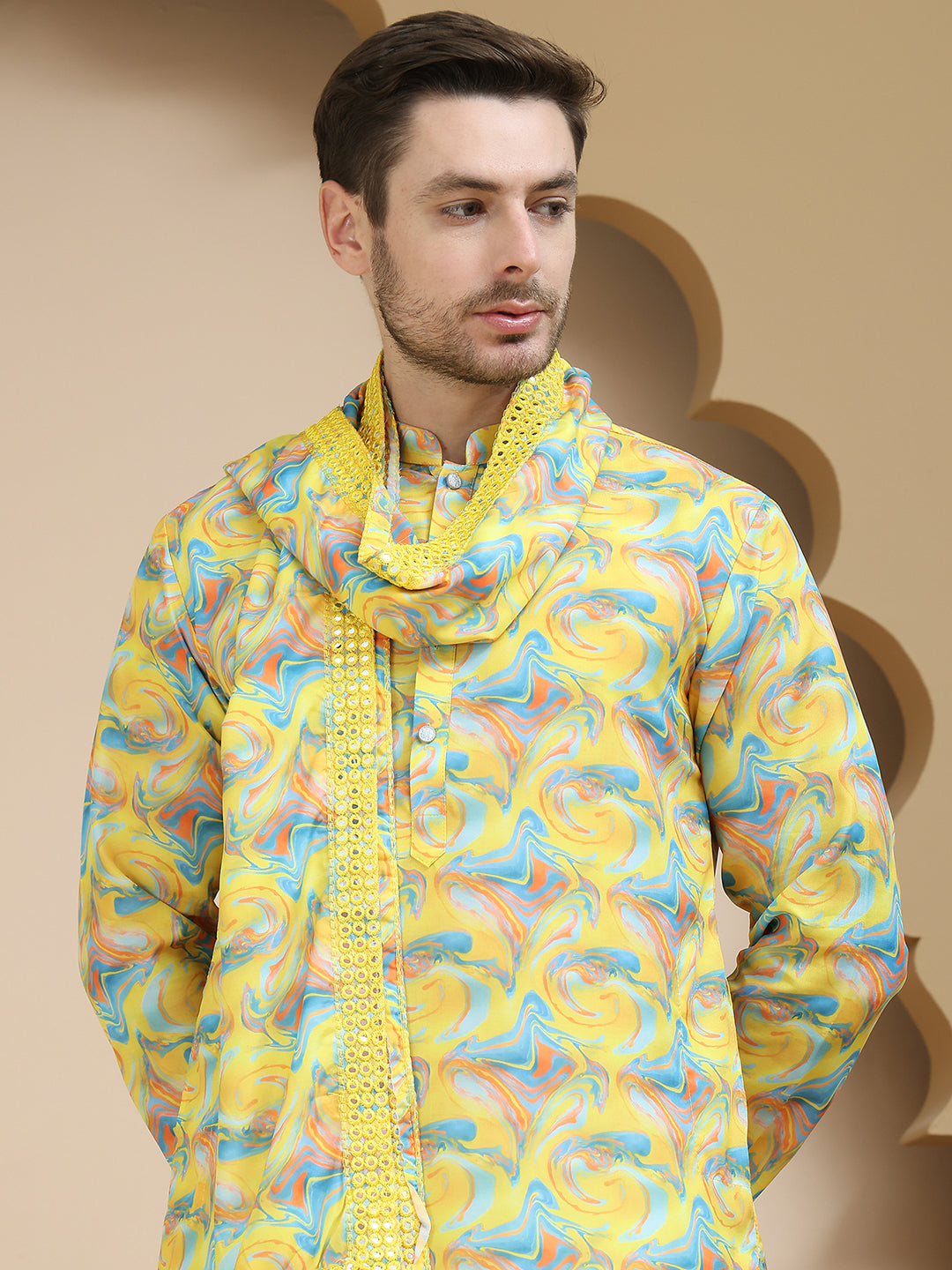 Abstract Printed Kurta Pyjama With Matching Dupatta