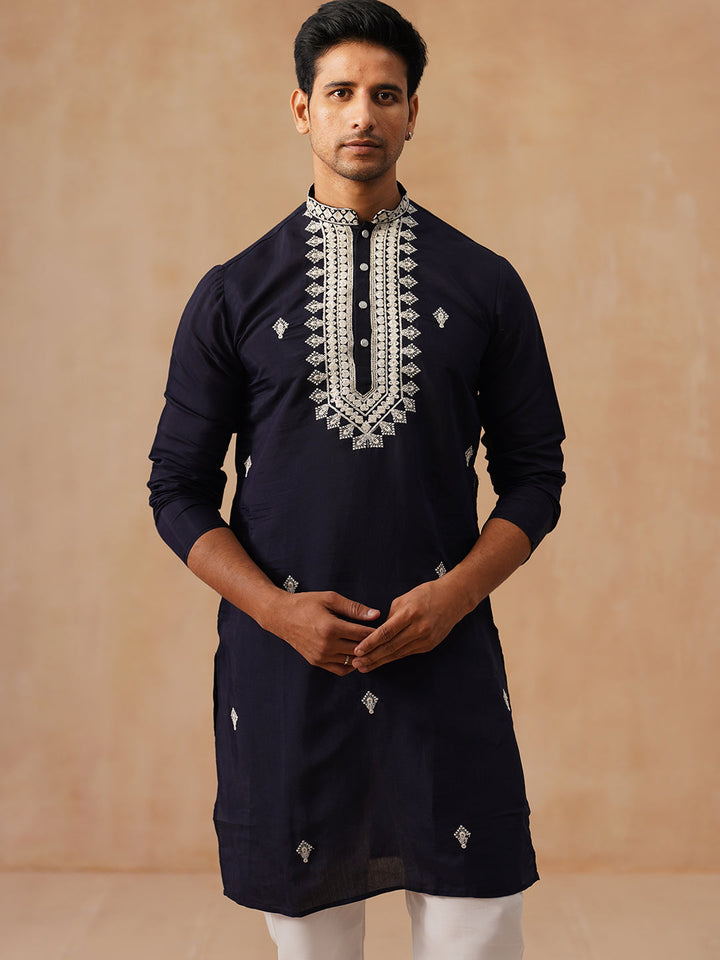 Collar Embroidered &amp; Sequin Kurta With Pyjama.