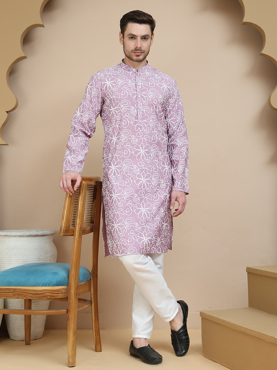Floral Printed Kurta Pyjama For Men