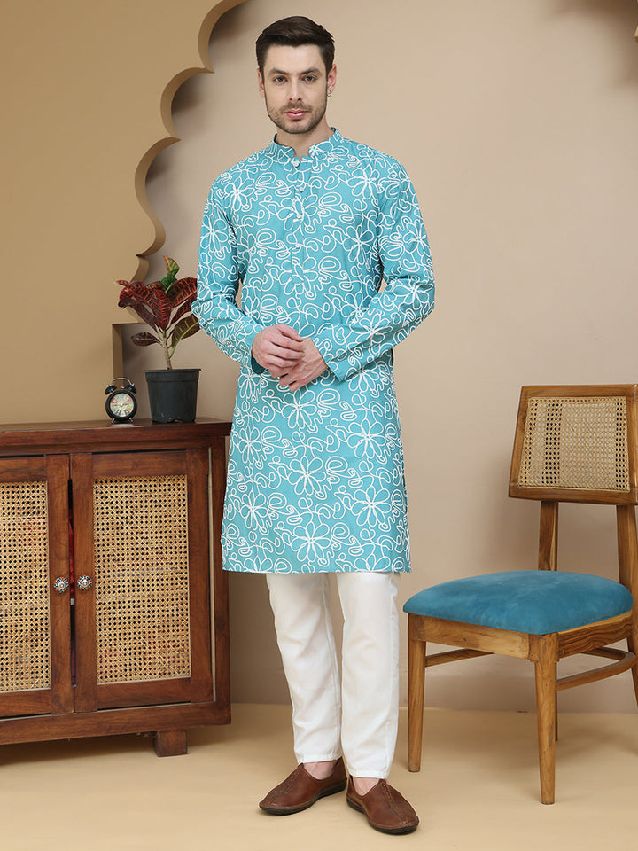 Floral Printed Kurta Pyjama For Men