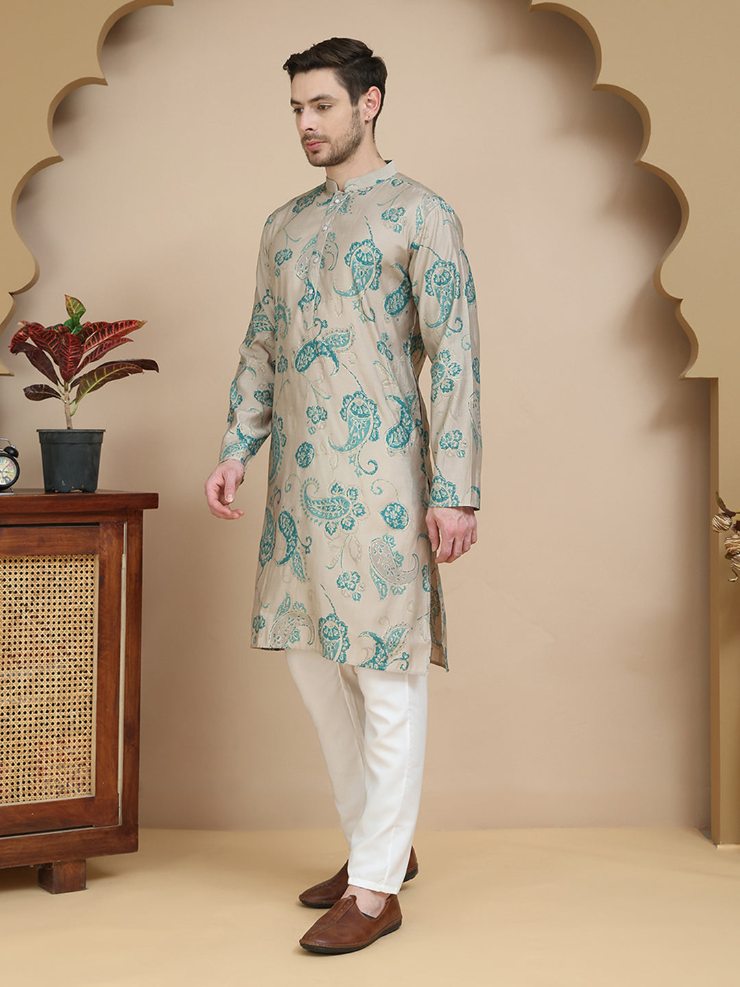Stylish Beige Kurta Set With Artistic Teal Paisley Print