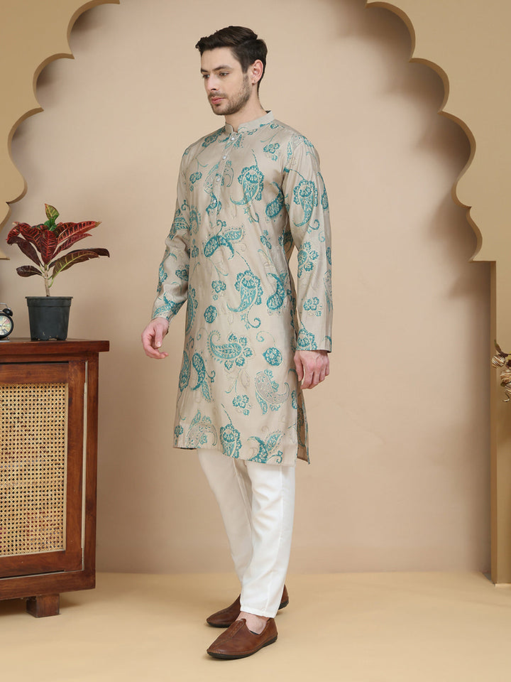 Stylish Beige Kurta Set With Artistic Teal Paisley Print