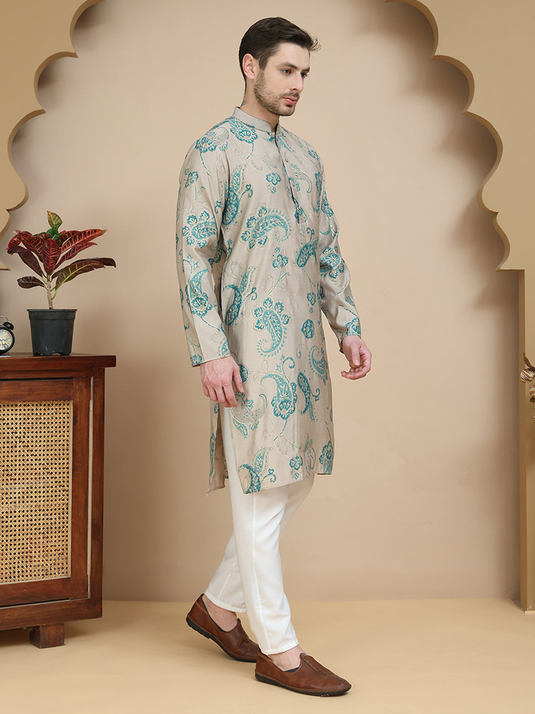 Stylish Beige Kurta Set With Artistic Teal Paisley Print