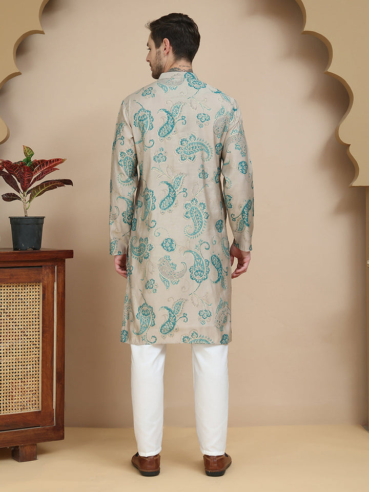 Stylish Beige Kurta Set With Artistic Teal Paisley Print