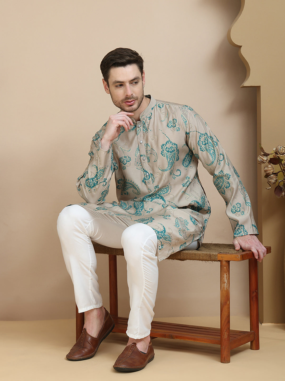 Stylish Beige Kurta Set With Artistic Teal Paisley Print