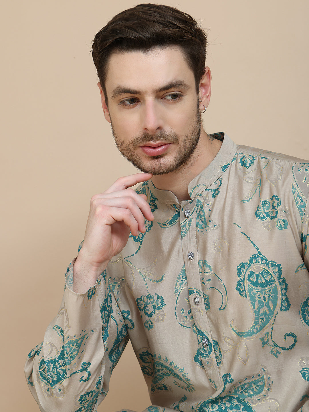 Stylish Beige Kurta Set With Artistic Teal Paisley Print
