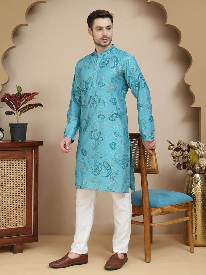 Stylish Blue Kurta Set With Artistic Teal Paisley Print