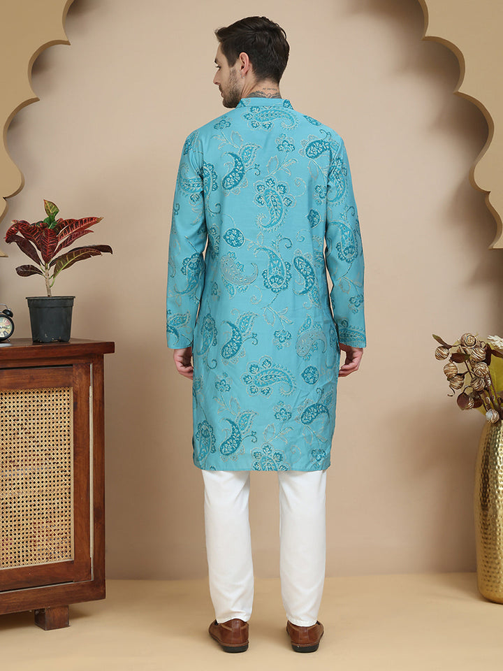 Stylish Blue Kurta Set With Artistic Teal Paisley Print