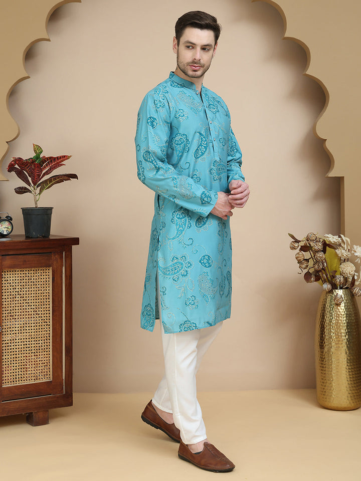 Stylish Blue Kurta Set With Artistic Teal Paisley Print