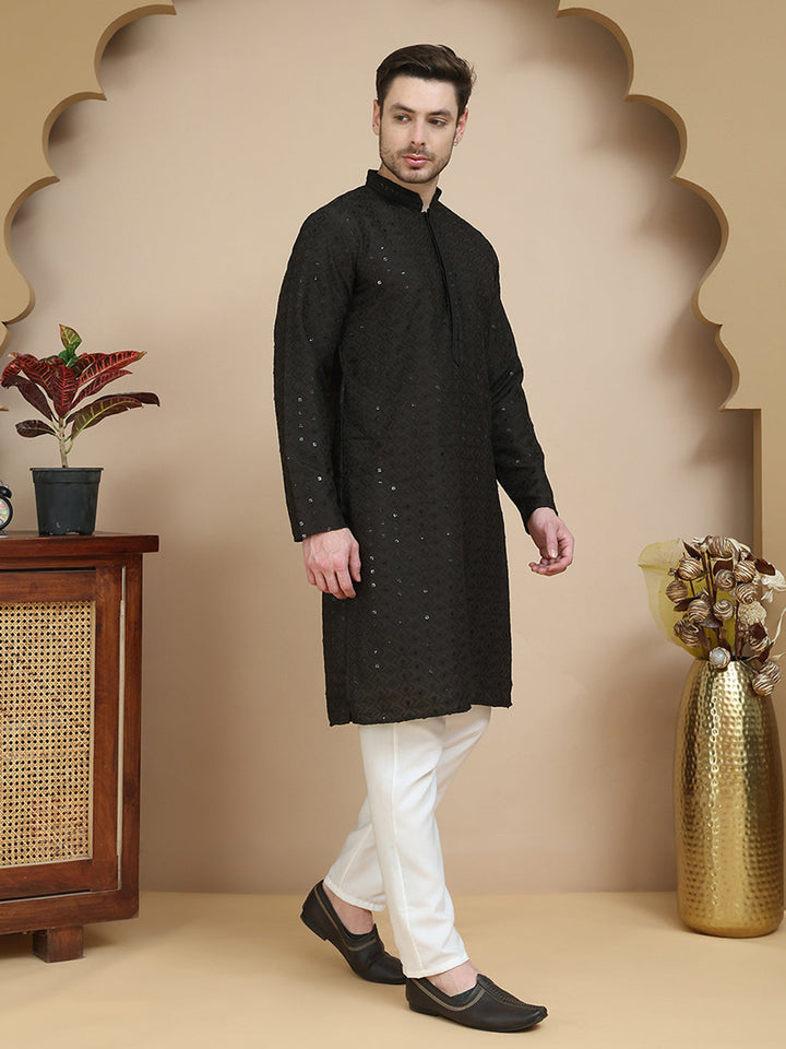 Embroidered Cotton Kurta With Pyjama For Men