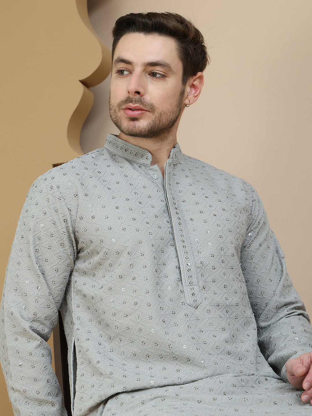 Embroidered Cotton Kurta With Pyjama For Men