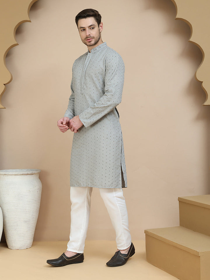 Embroidered Cotton Kurta With Pyjama For Men