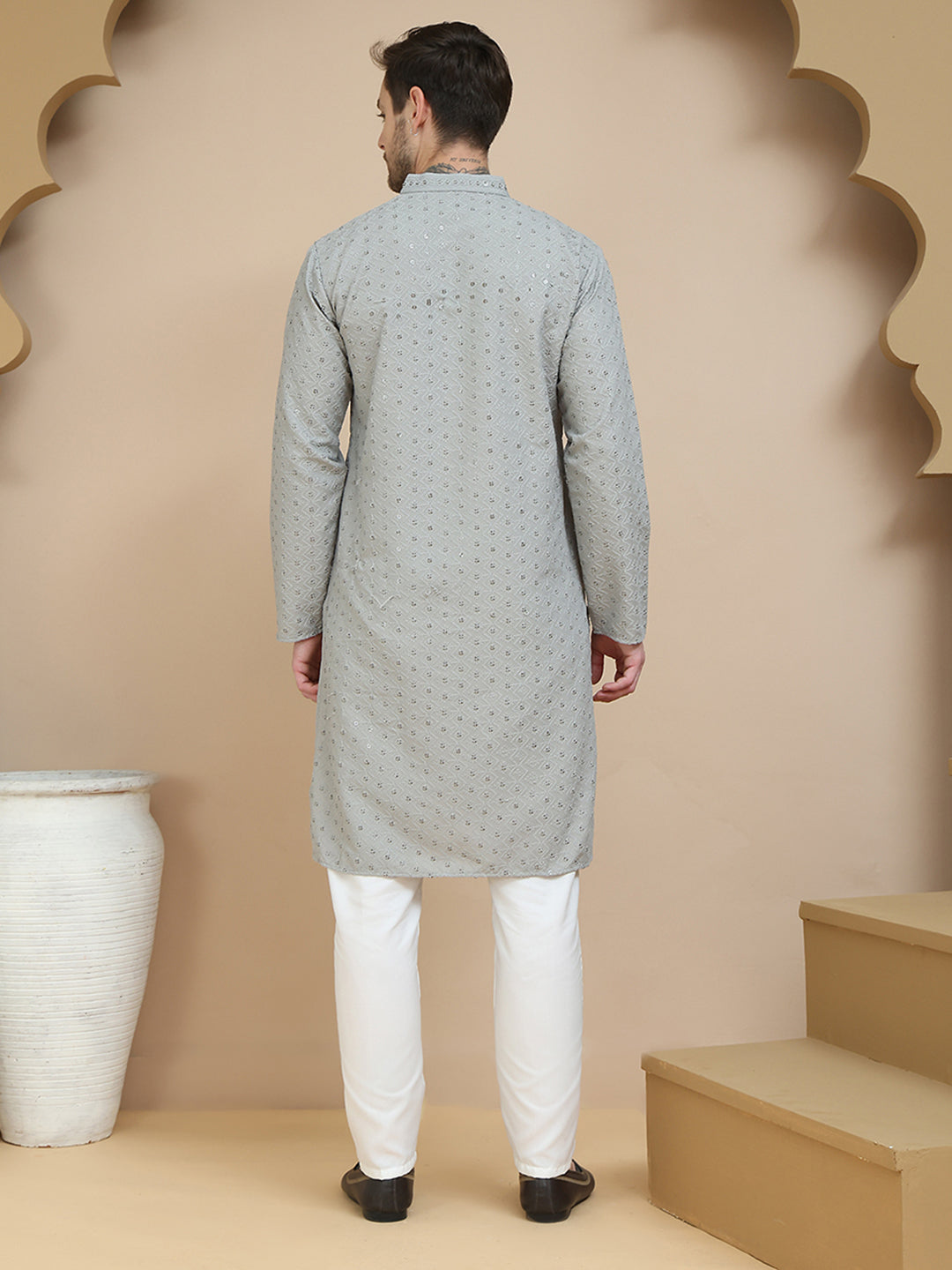 Embroidered Cotton Kurta With Pyjama For Men