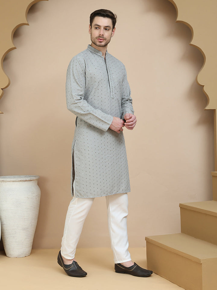 Embroidered Cotton Kurta With Pyjama For Men