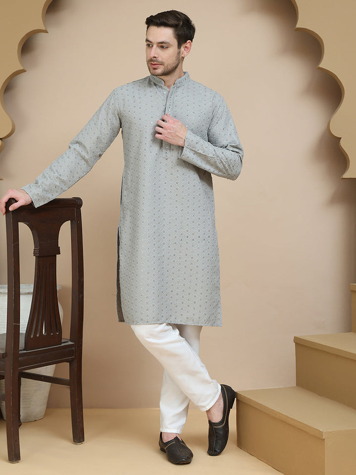 Embroidered Cotton Kurta With Pyjama For Men