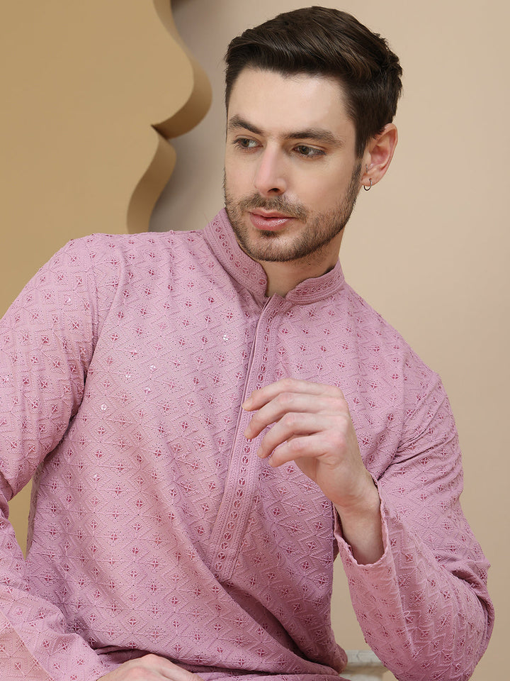 Embroidered Cotton Kurta With Pyjama For Men