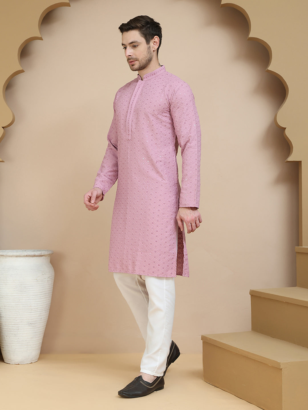Embroidered Cotton Kurta With Pyjama For Men