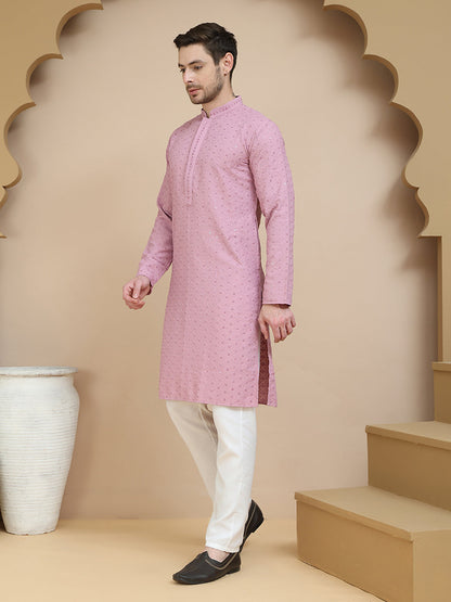 Embroidered Cotton Kurta With Pyjama For Men