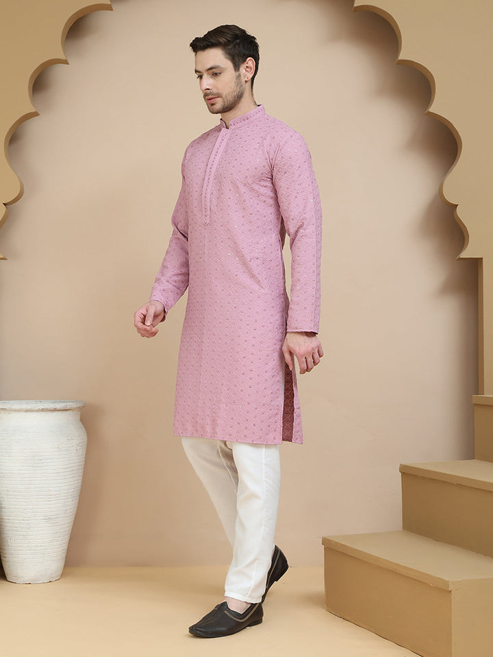 Embroidered Cotton Kurta With Pyjama For Men