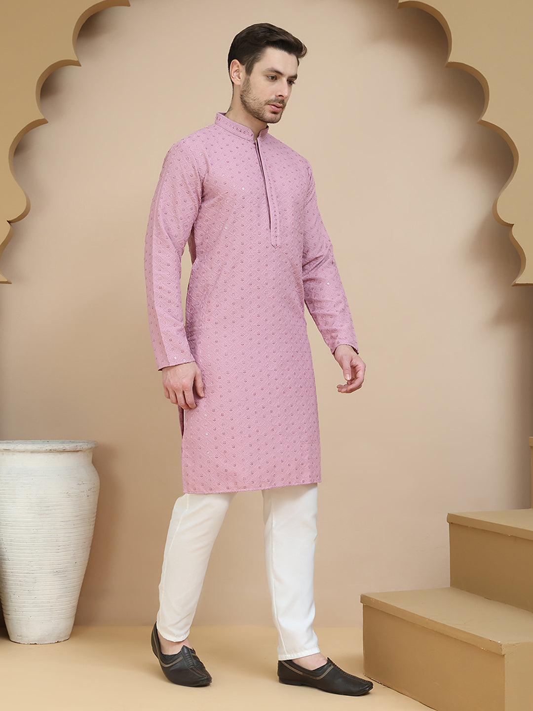Embroidered Cotton Kurta With Pyjama For Men