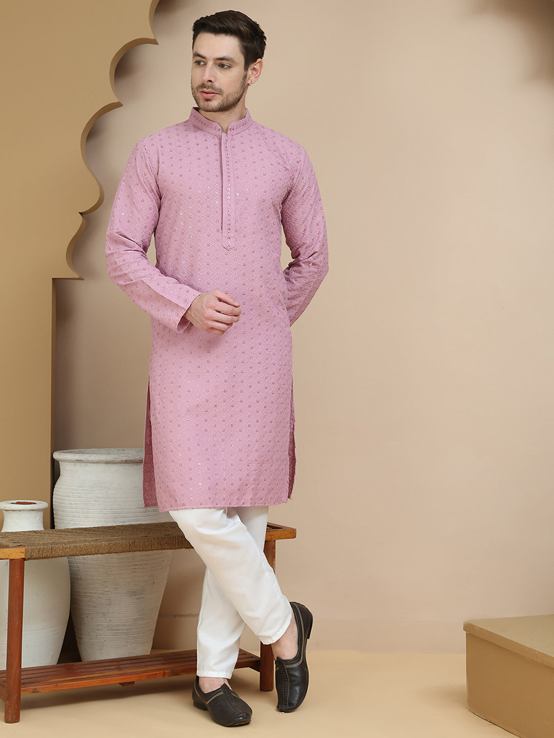 Embroidered Cotton Kurta With Pyjama For Men