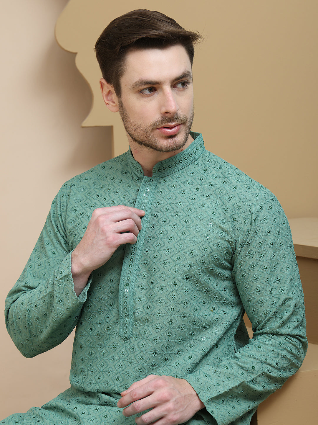 Embroidered Cotton Kurta With Pyjama For Men