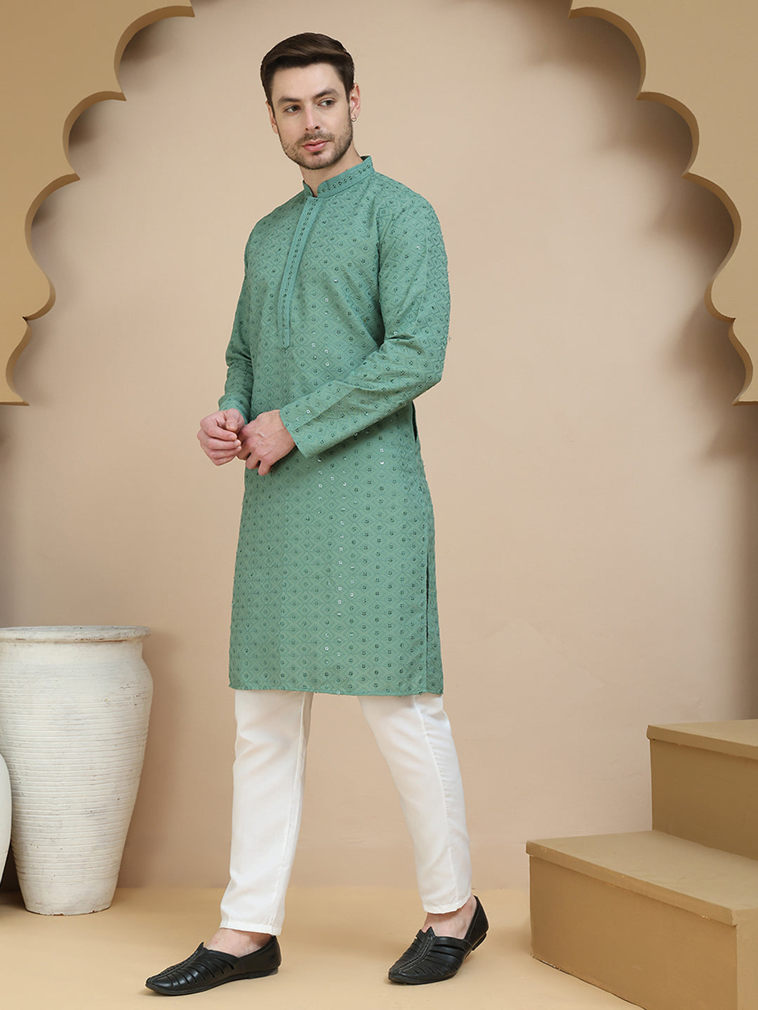 Embroidered Cotton Kurta With Pyjama For Men