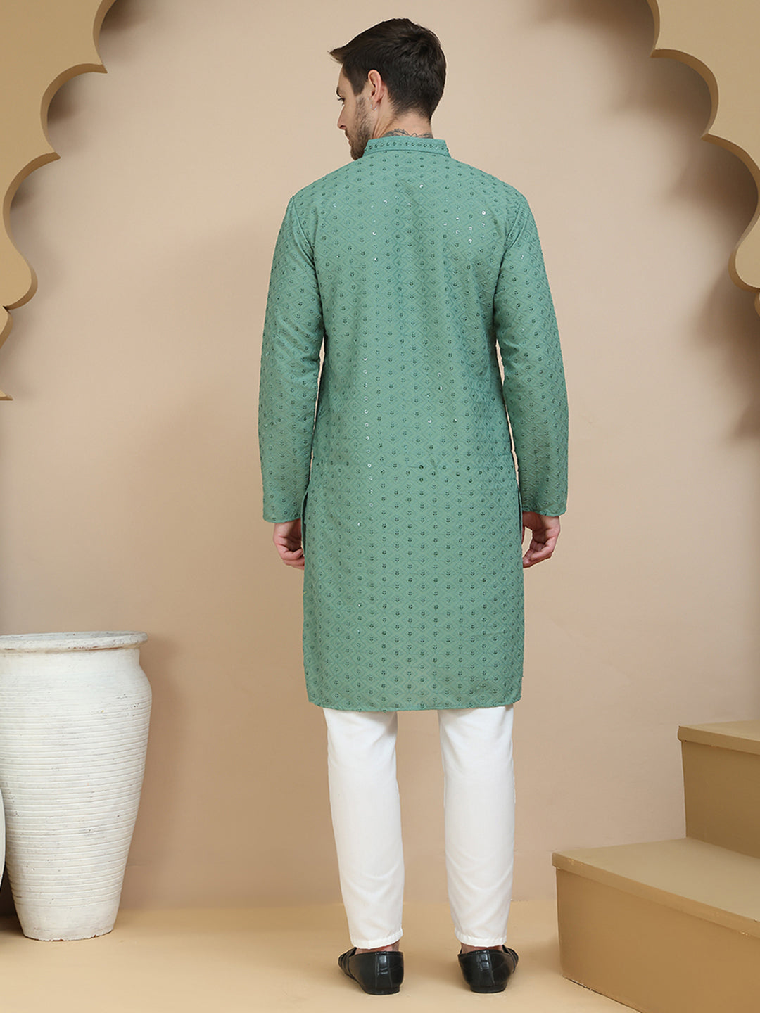 Embroidered Cotton Kurta With Pyjama For Men