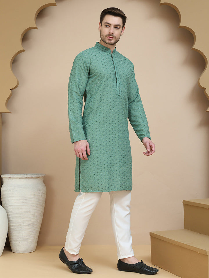 Embroidered Cotton Kurta With Pyjama For Men