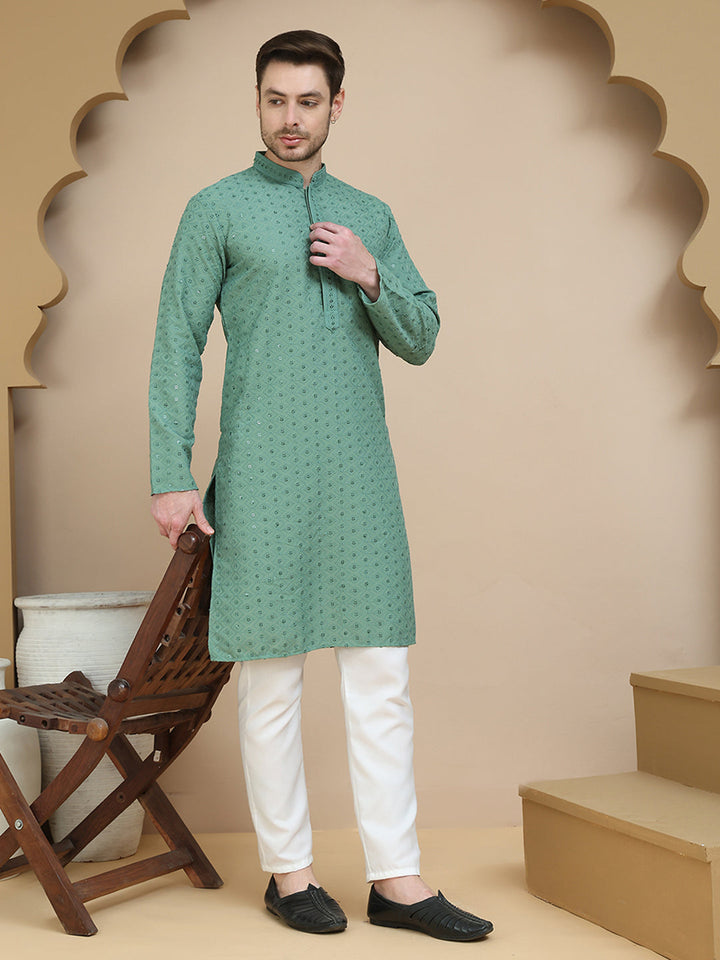 Embroidered Cotton Kurta With Pyjama For Men