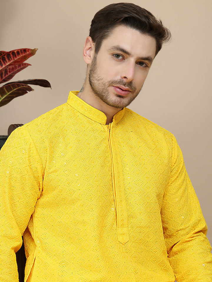 Embroidered Cotton Kurta With Pyjama For Men