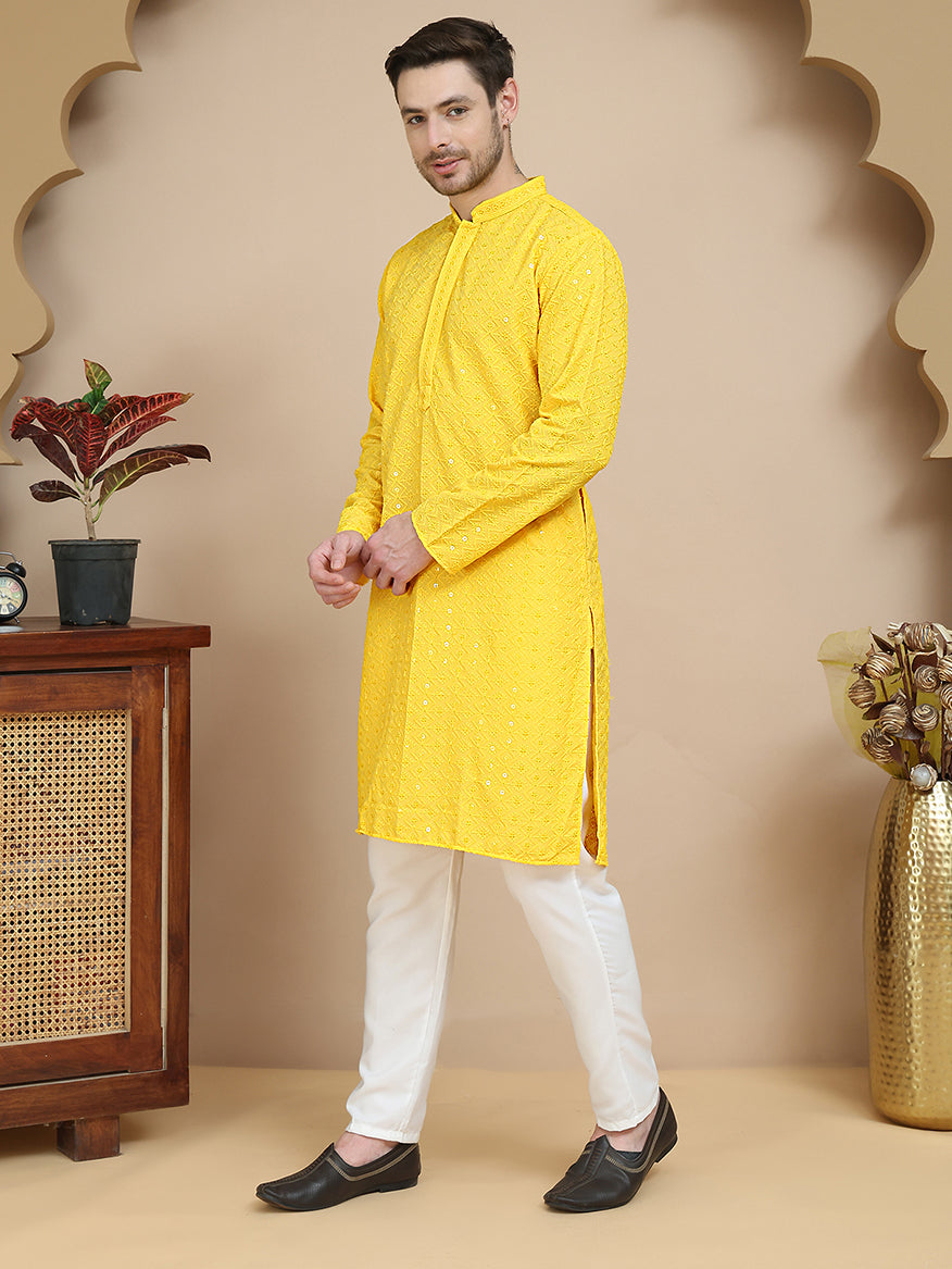 Embroidered Cotton Kurta With Pyjama For Men