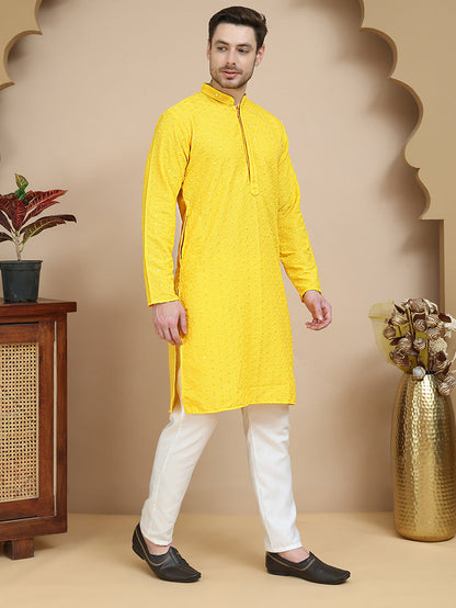 Embroidered Cotton Kurta With Pyjama For Men