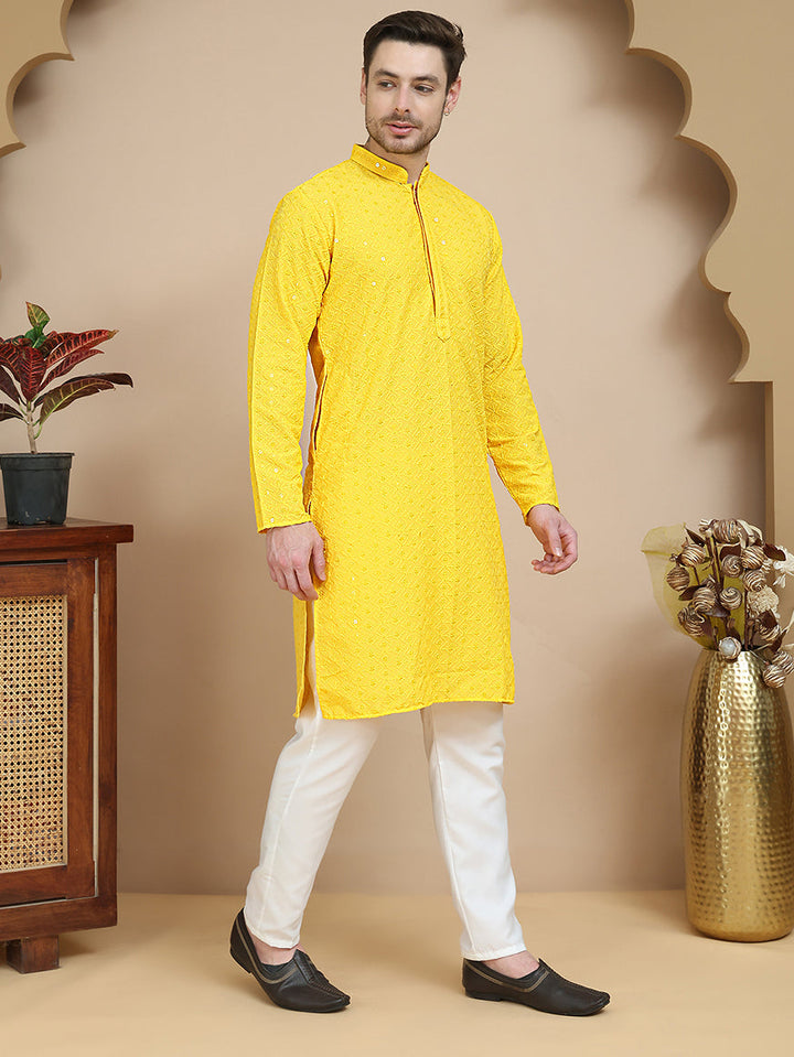 Embroidered Cotton Kurta With Pyjama For Men